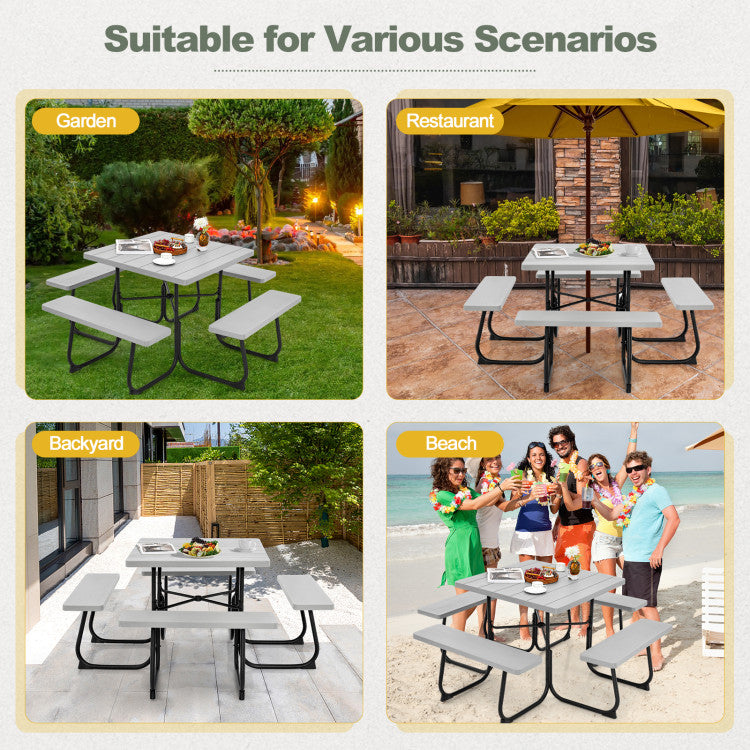 8 Person Outdoor HDPE Square Picnic Table Patio Table and Bench Set with 4 Built-in Benches and Umbrella Hole