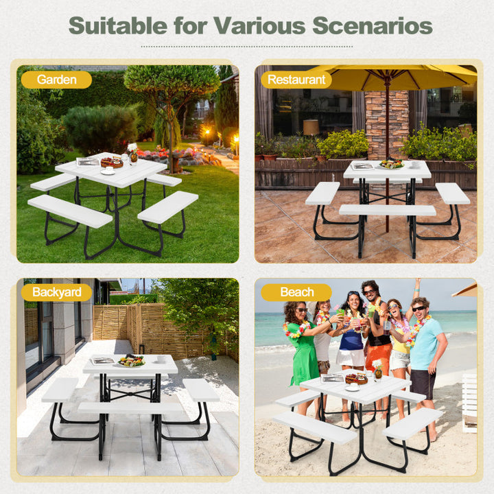8 Person Outdoor HDPE Square Picnic Table Patio Table and Bench Set with 4 Built-in Benches and Umbrella Hole