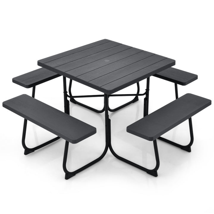 8 Person Outdoor HDPE Square Picnic Table Patio Table and Bench Set with 4 Built-in Benches and Umbrella Hole