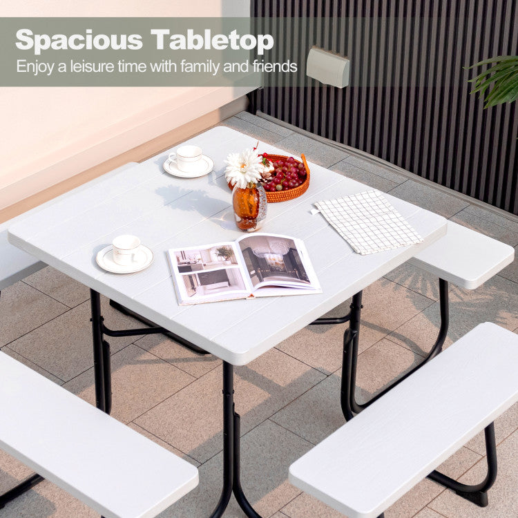 8 Person Outdoor HDPE Square Picnic Table Patio Table and Bench Set with 4 Built-in Benches and Umbrella Hole