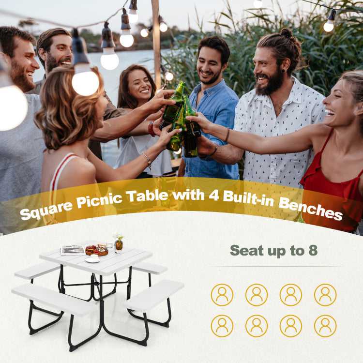 8 Person Outdoor HDPE Square Picnic Table Patio Table and Bench Set with 4 Built-in Benches and Umbrella Hole