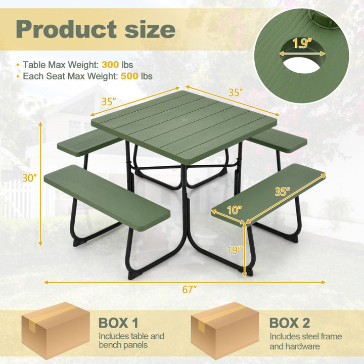 8 Person Outdoor HDPE Square Picnic Table Patio Table and Bench Set with 4 Built-in Benches and Umbrella Hole