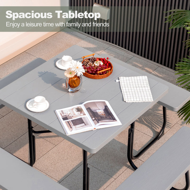 8 Person Outdoor HDPE Square Picnic Table Patio Table and Bench Set with 4 Built-in Benches and Umbrella Hole