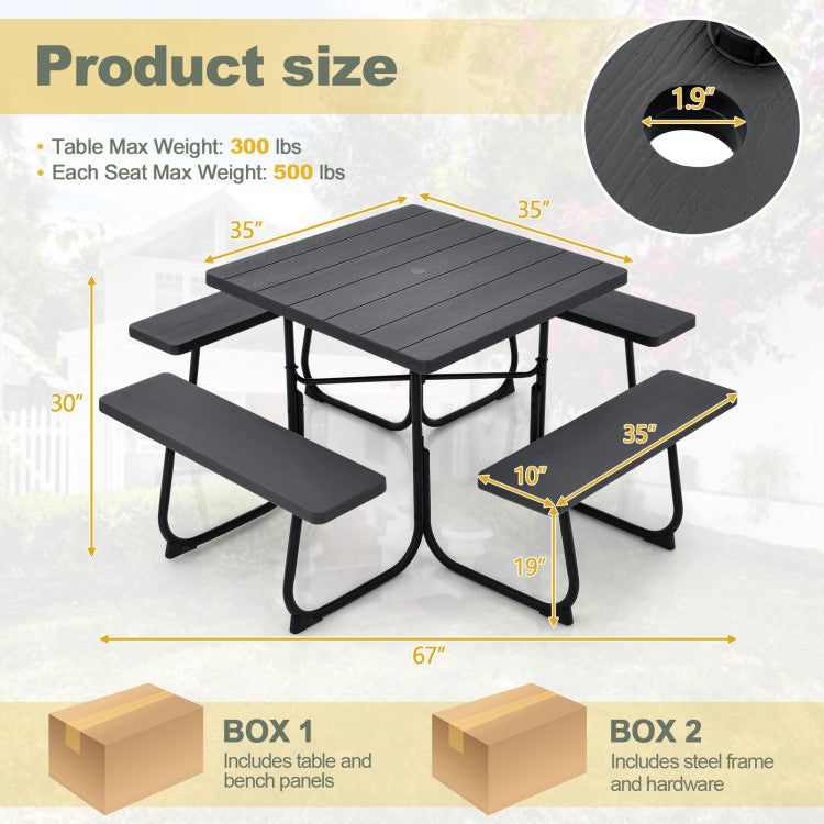 8 Person Outdoor HDPE Square Picnic Table Patio Table and Bench Set with 4 Built-in Benches and Umbrella Hole