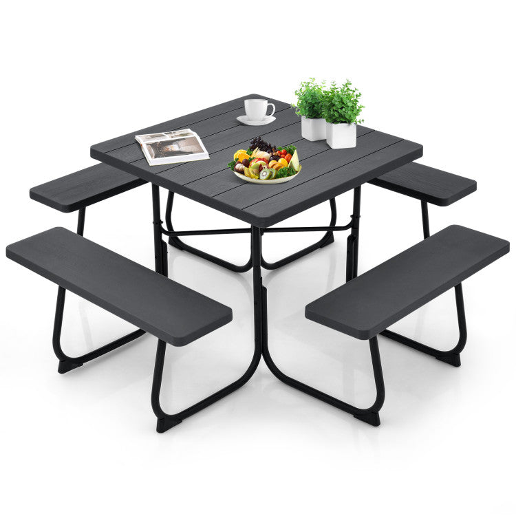 8 Person Outdoor HDPE Square Picnic Table Patio Table and Bench Set with 4 Built-in Benches and Umbrella Hole