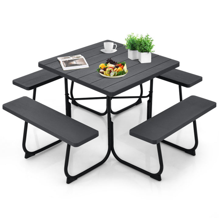 8 Person Outdoor HDPE Square Picnic Table Patio Table and Bench Set with 4 Built-in Benches and Umbrella Hole