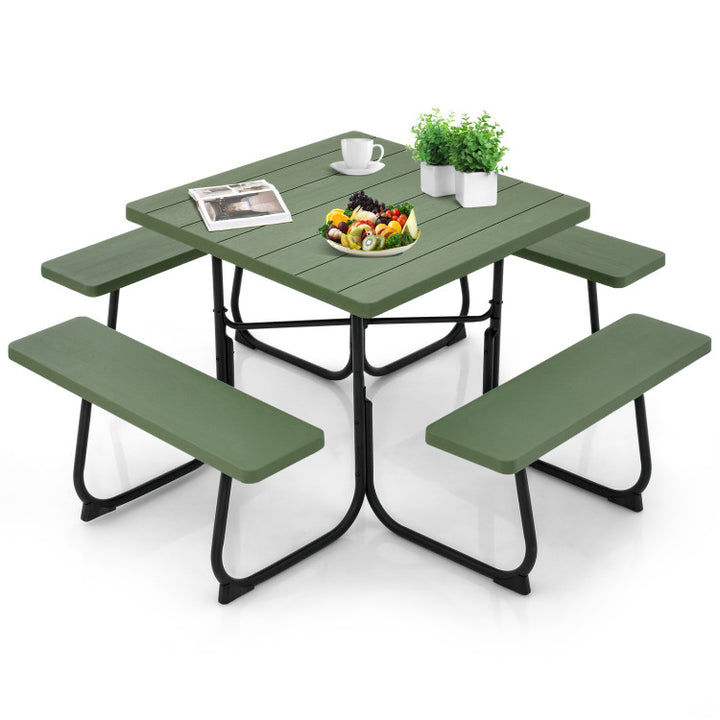 8 Person Outdoor HDPE Square Picnic Table Patio Table and Bench Set with 4 Built-in Benches and Umbrella Hole