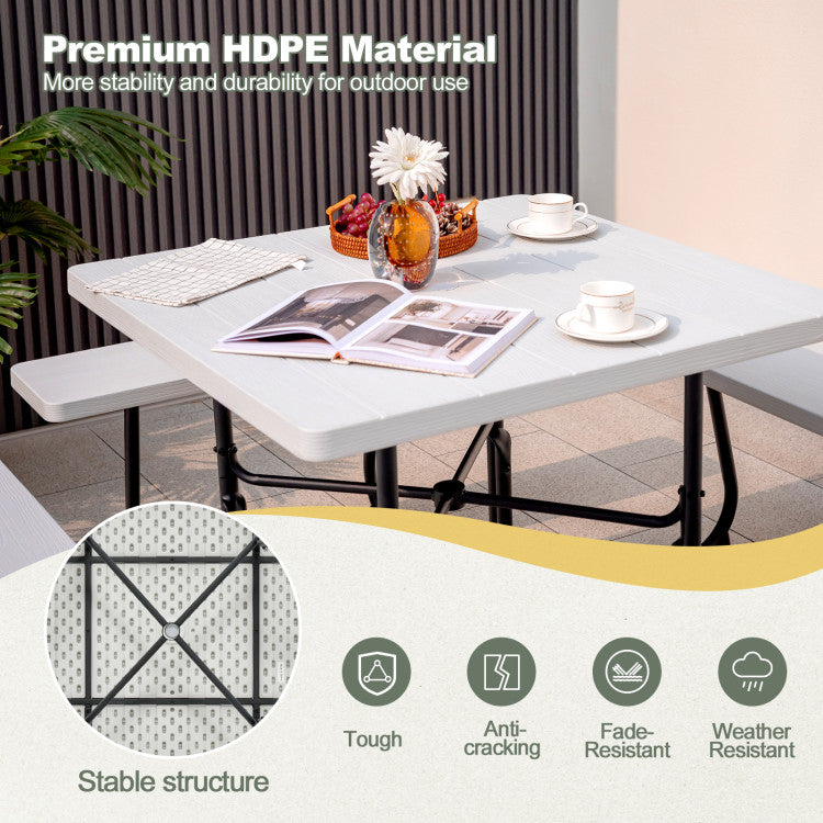 8 Person Outdoor HDPE Square Picnic Table Patio Table and Bench Set with 4 Built-in Benches and Umbrella Hole