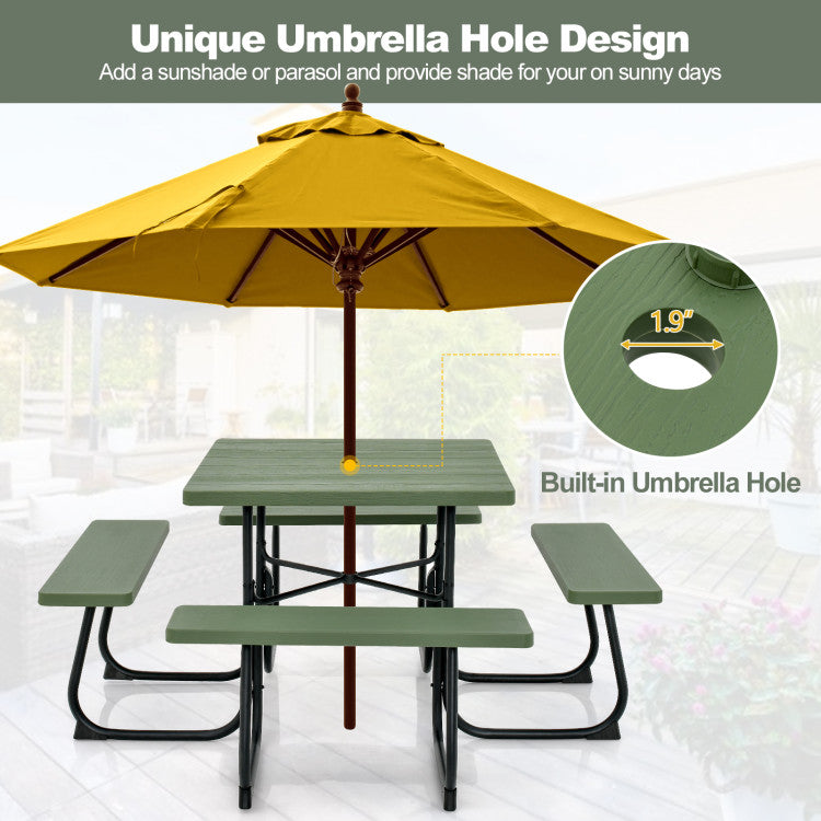 8 Person Outdoor HDPE Square Picnic Table Patio Table and Bench Set with 4 Built-in Benches and Umbrella Hole