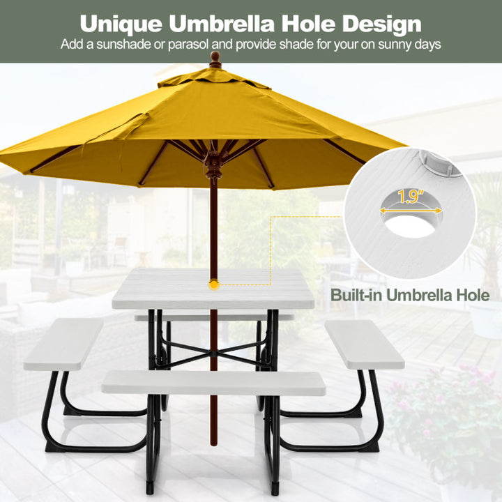 8 Person Outdoor HDPE Square Picnic Table Patio Table and Bench Set with 4 Built-in Benches and Umbrella Hole