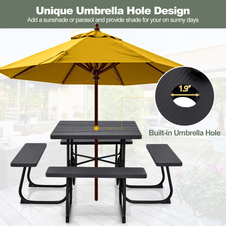 8 Person Outdoor HDPE Square Picnic Table Patio Table and Bench Set with 4 Built-in Benches and Umbrella Hole