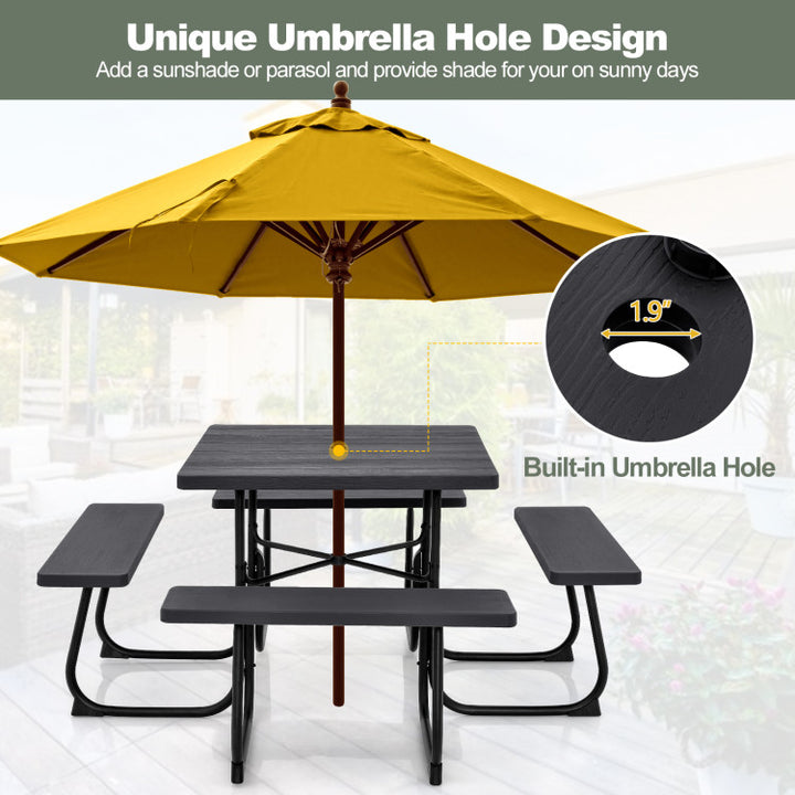 8 Person Outdoor HDPE Square Picnic Table Patio Table and Bench Set with 4 Built-in Benches and Umbrella Hole
