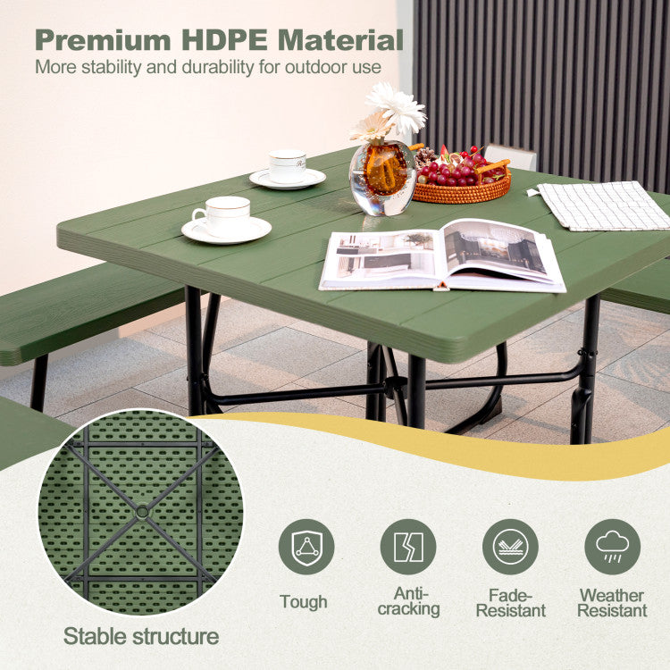 8 Person Outdoor HDPE Square Picnic Table Patio Table and Bench Set with 4 Built-in Benches and Umbrella Hole