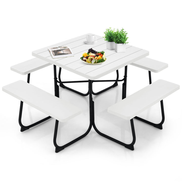 8 Person Outdoor HDPE Square Picnic Table Patio Table and Bench Set with 4 Built-in Benches and Umbrella Hole