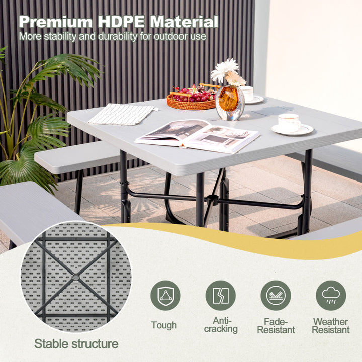 8 Person Outdoor HDPE Square Picnic Table Patio Table and Bench Set with 4 Built-in Benches and Umbrella Hole