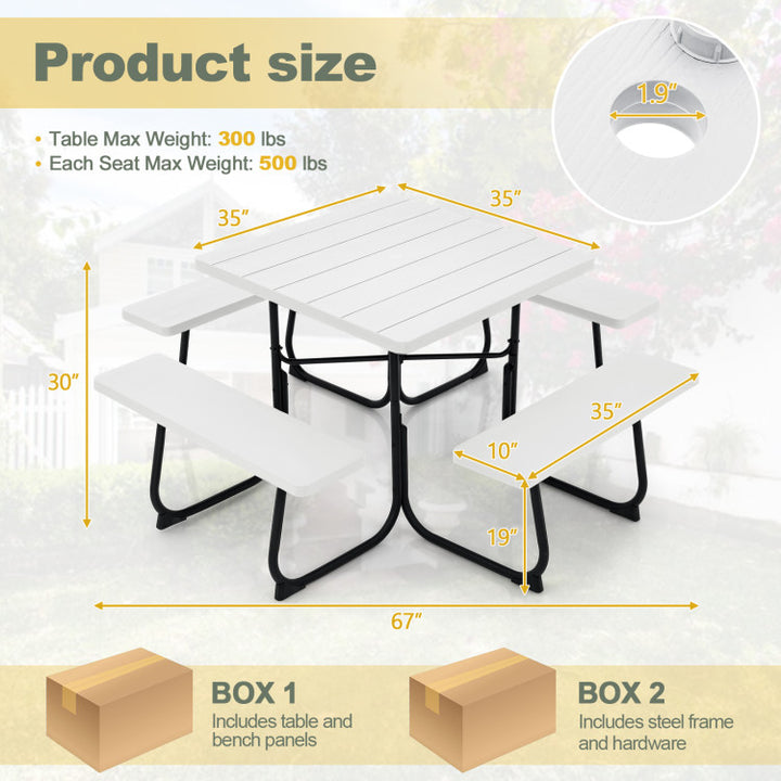 8 Person Outdoor HDPE Square Picnic Table Patio Table and Bench Set with 4 Built-in Benches and Umbrella Hole