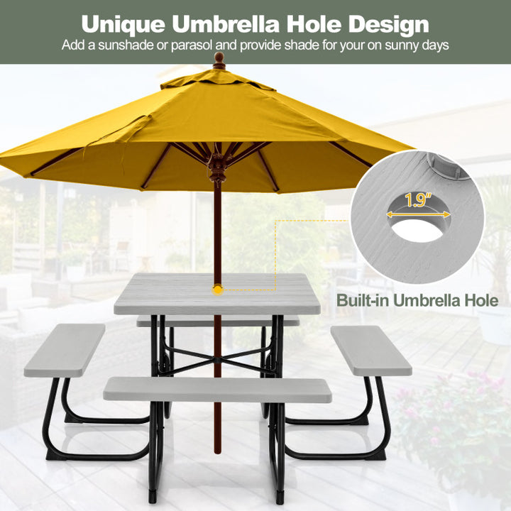 8 Person Outdoor HDPE Square Picnic Table Patio Table and Bench Set with 4 Built-in Benches and Umbrella Hole