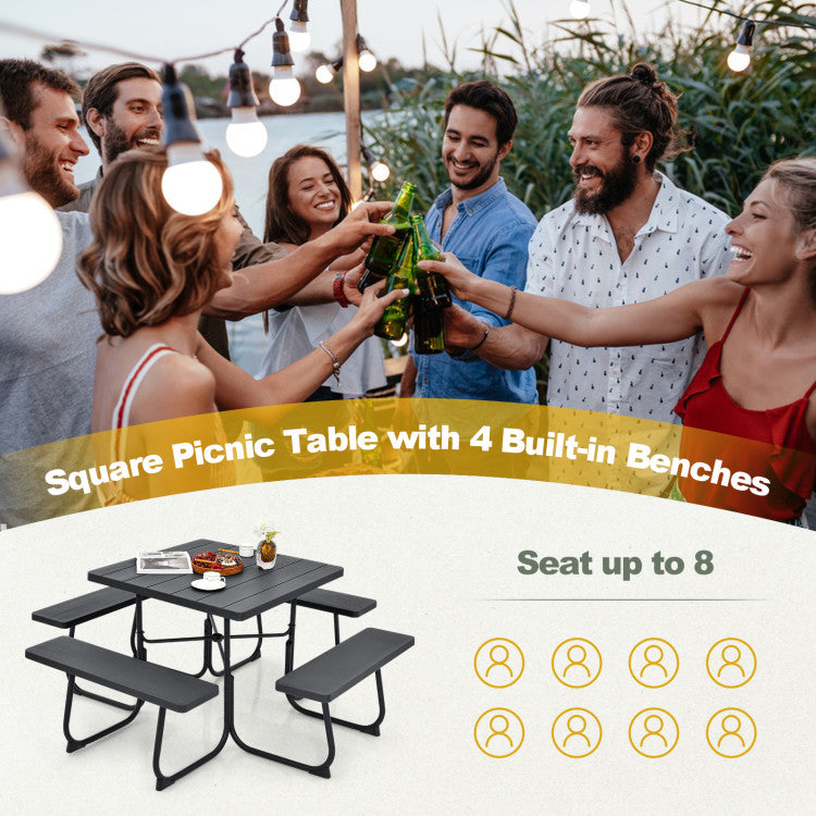 8 Person Outdoor HDPE Square Picnic Table Patio Table and Bench Set with 4 Built-in Benches and Umbrella Hole