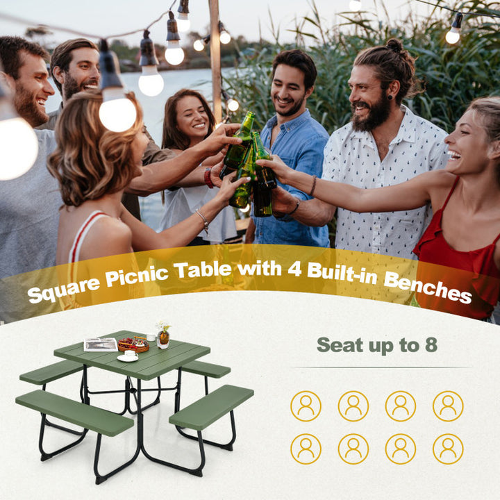 8 Person Outdoor HDPE Square Picnic Table Patio Table and Bench Set with 4 Built-in Benches and Umbrella Hole