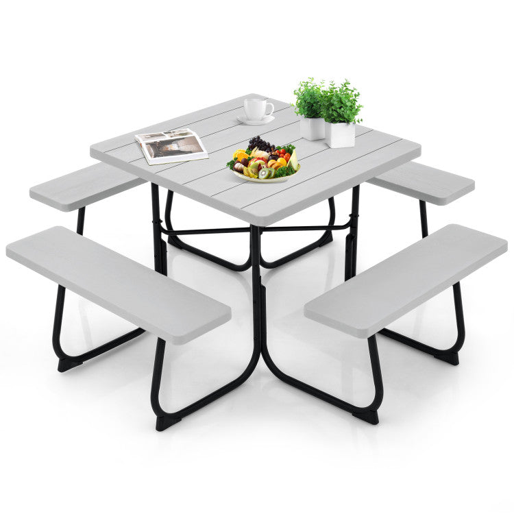 8 Person Outdoor HDPE Square Picnic Table Patio Table and Bench Set with 4 Built-in Benches and Umbrella Hole