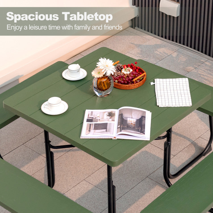 8 Person Outdoor HDPE Square Picnic Table Patio Table and Bench Set with 4 Built-in Benches and Umbrella Hole