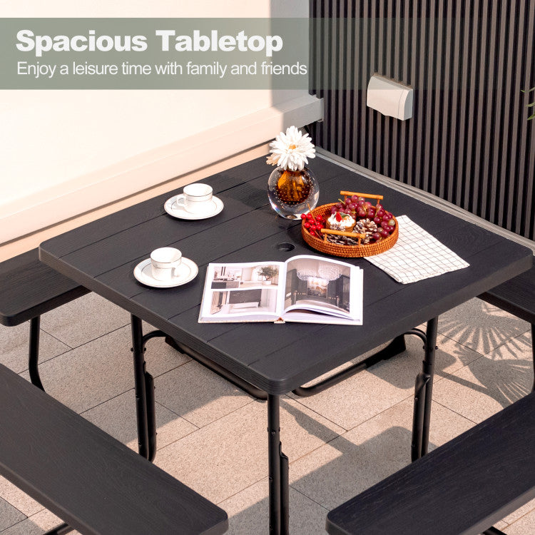 8 Person Outdoor HDPE Square Picnic Table Patio Table and Bench Set with 4 Built-in Benches and Umbrella Hole