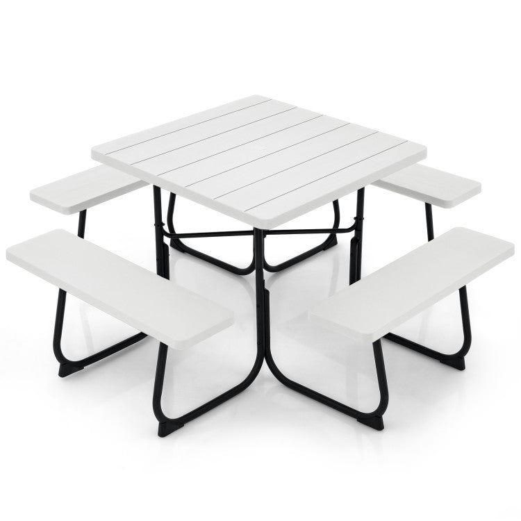 8 Person Outdoor HDPE Square Picnic Table Patio Table and Bench Set with 4 Built-in Benches and Umbrella Hole