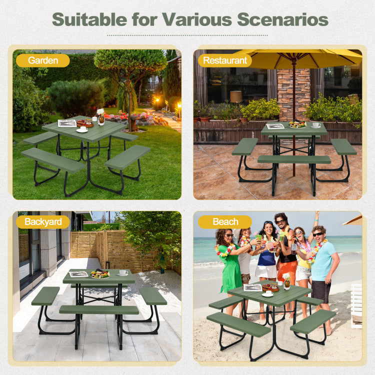 8 Person Outdoor HDPE Square Picnic Table Patio Table and Bench Set with 4 Built-in Benches and Umbrella Hole