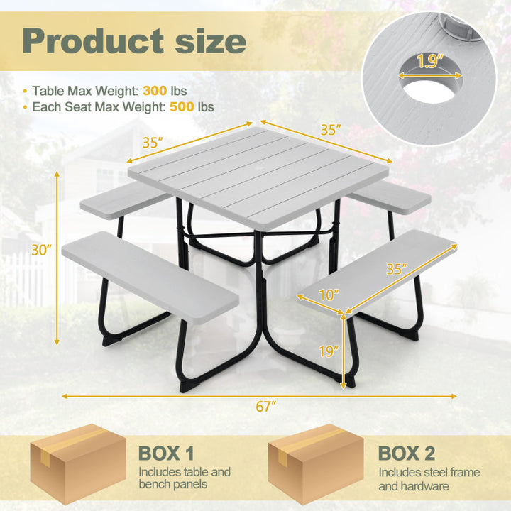 8 Person Outdoor HDPE Square Picnic Table Patio Table and Bench Set with 4 Built-in Benches and Umbrella Hole