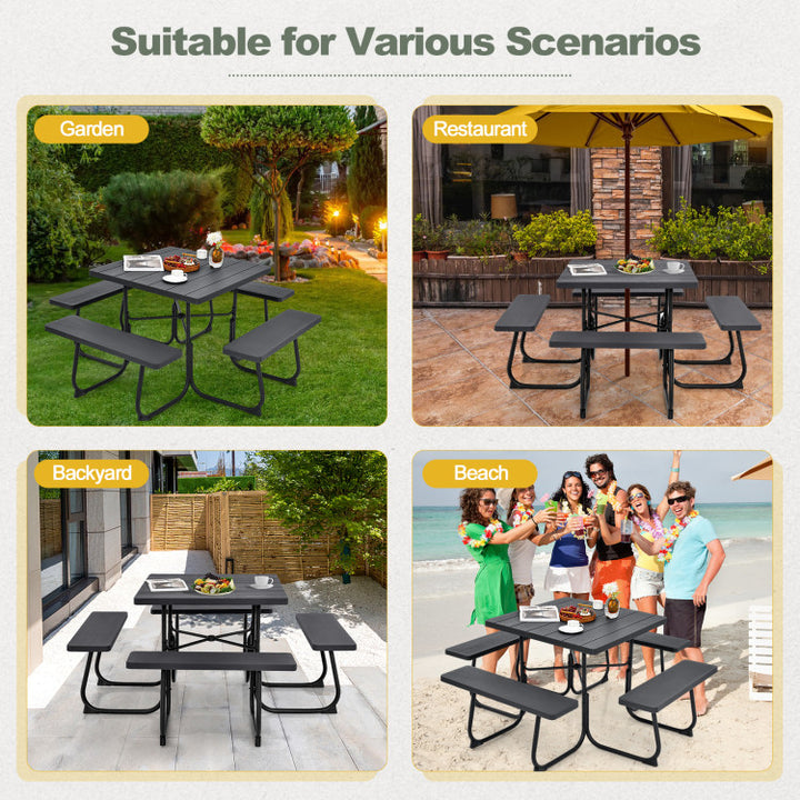 8 Person Outdoor HDPE Square Picnic Table Patio Table and Bench Set with 4 Built-in Benches and Umbrella Hole