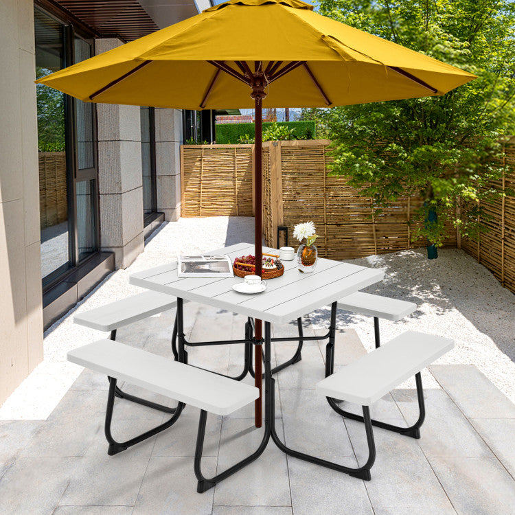 8 Person Outdoor HDPE Square Picnic Table Patio Table and Bench Set with 4 Built-in Benches and Umbrella Hole