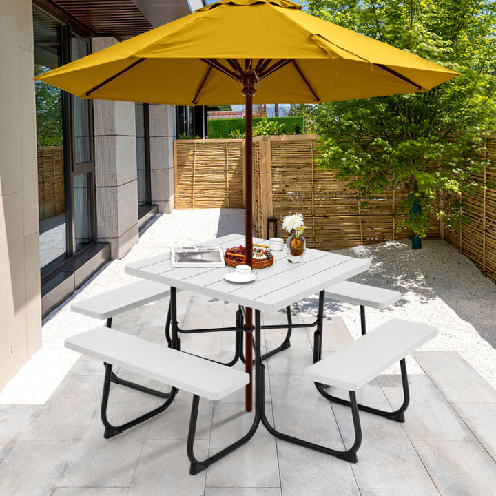 8 Person Outdoor HDPE Square Picnic Table Patio Table and Bench Set with 4 Built-in Benches and Umbrella Hole