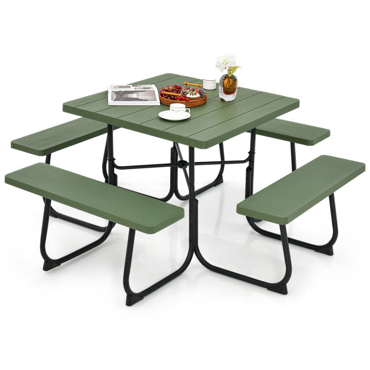 8 Person Outdoor HDPE Square Picnic Table Patio Table and Bench Set with 4 Built-in Benches and Umbrella Hole