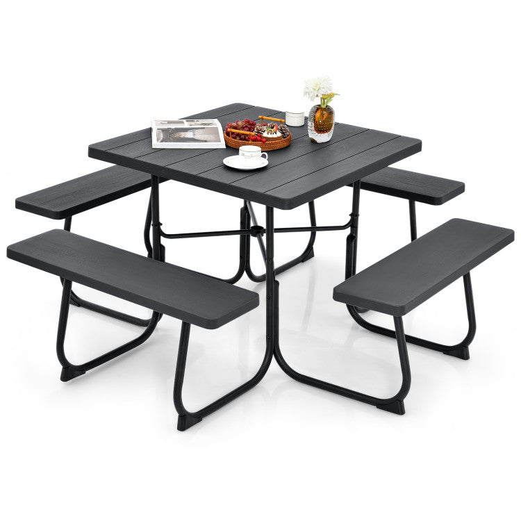 8 Person Outdoor HDPE Square Picnic Table Patio Table and Bench Set with 4 Built-in Benches and Umbrella Hole