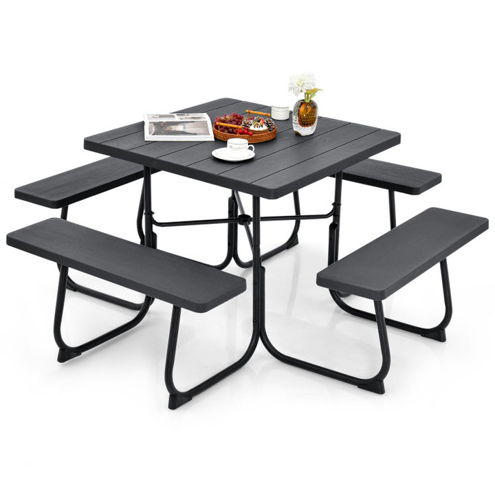 8 Person Outdoor HDPE Square Picnic Table Patio Table and Bench Set with 4 Built-in Benches and Umbrella Hole