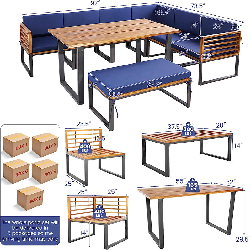 8 Pieces Outdoor Dining Table Set Patio Acacia Wood Conversation Sofa Set with Cushions and Ottoman