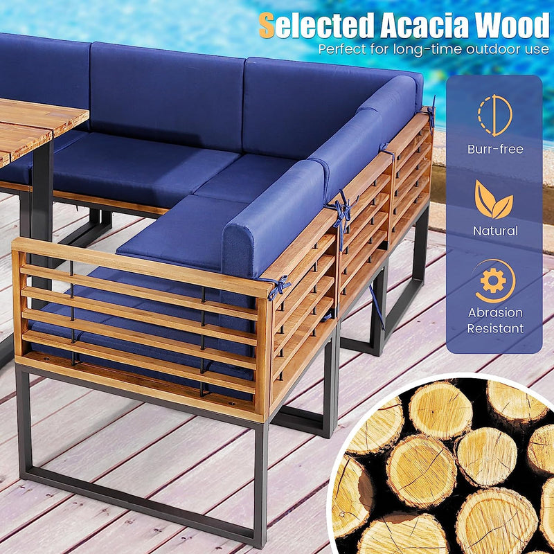 8 Pieces Outdoor Dining Table Set Patio Acacia Wood Conversation Sofa Set with Cushions and Ottoman
