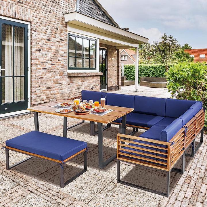 8 Pieces Outdoor Dining Table Set Patio Acacia Wood Conversation Sofa Set with Cushions and Ottoman