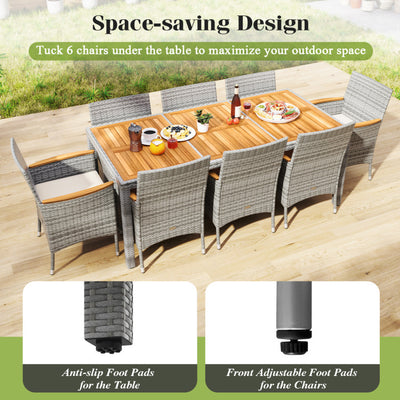 9 Pieces Heavy-duty PE Wicker Dining Set Outdoor Acacia Wood Table and Chairs Set with Umbrella Hole and Cushions for Deck Garden Yard