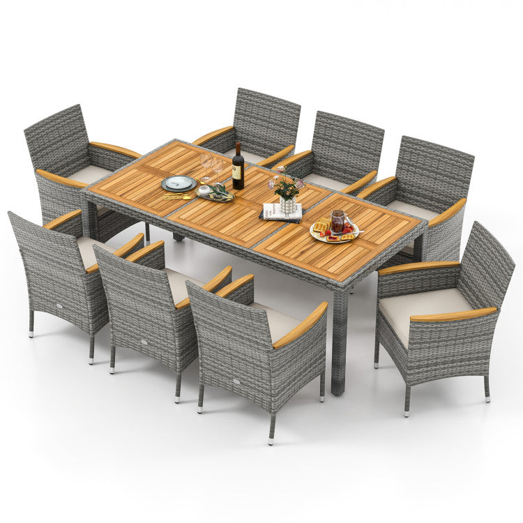 9 Pieces Heavy-duty PE Wicker Dining Set Outdoor Acacia Wood Table and Chairs Set with Umbrella Hole and Cushions for Deck Garden Yard
