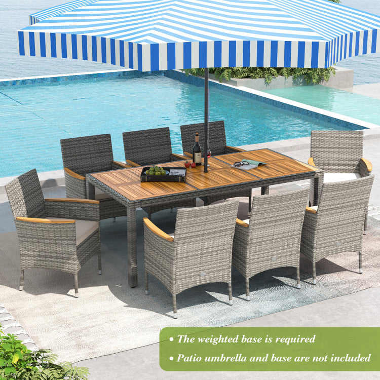9 Pieces Heavy-duty PE Wicker Dining Set Outdoor Acacia Wood Table and Chairs Set with Umbrella Hole and Cushions for Deck Garden Yard