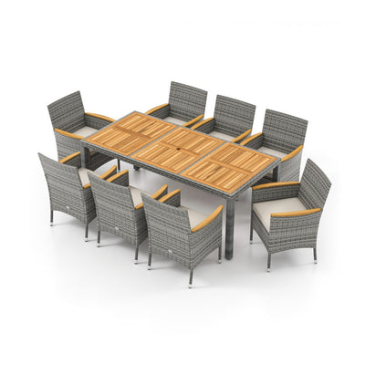 9 Pieces Heavy-duty PE Wicker Dining Set Outdoor Acacia Wood Table and Chairs Set with Umbrella Hole and Cushions for Deck Garden Yard