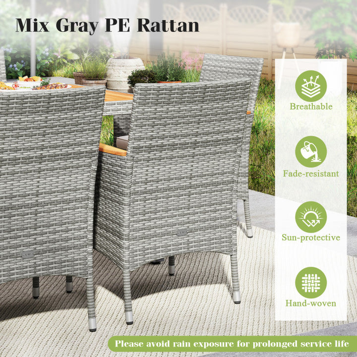 9 Pieces Heavy-duty PE Wicker Dining Set Outdoor Acacia Wood Table and Chairs Set with Umbrella Hole and Cushions for Deck Garden Yard