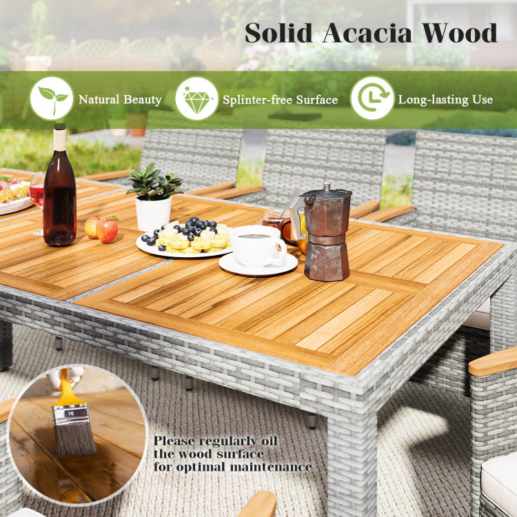 9 Pieces Heavy-duty PE Wicker Dining Set Outdoor Acacia Wood Table and Chairs Set with Umbrella Hole and Cushions for Deck Garden Yard