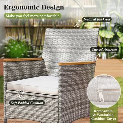 9 Pieces Heavy-duty PE Wicker Dining Set Outdoor Acacia Wood Table and Chairs Set with Umbrella Hole and Cushions for Deck Garden Yard
