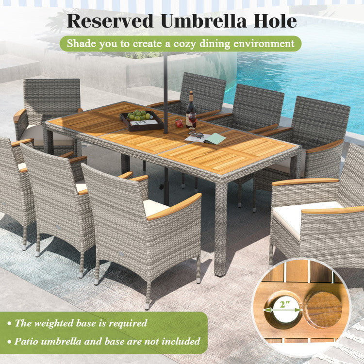 9 Pieces Heavy-duty PE Wicker Dining Set Outdoor Acacia Wood Table and Chairs Set with Umbrella Hole and Cushions for Deck Garden Yard