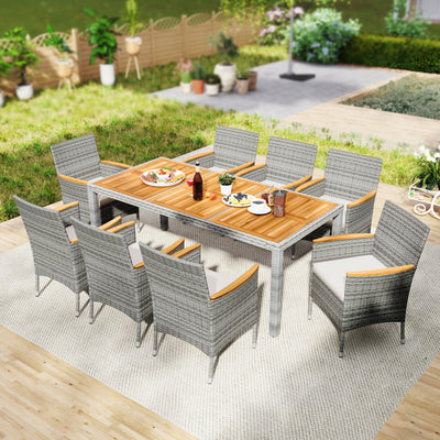 9 Pieces Heavy-duty PE Wicker Dining Set Outdoor Acacia Wood Table and Chairs Set with Umbrella Hole and Cushions for Deck Garden Yard
