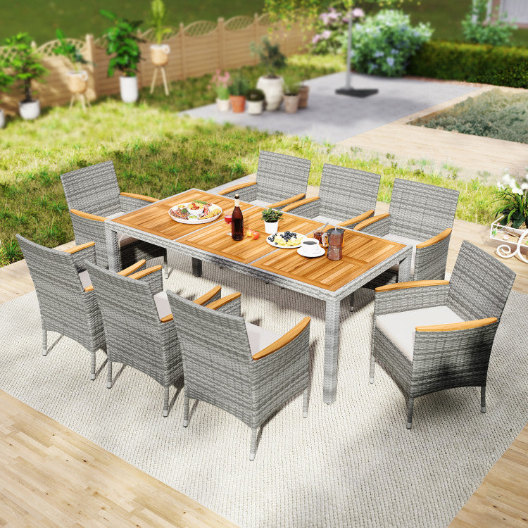 9 Pieces Heavy-duty PE Wicker Dining Set Outdoor Acacia Wood Table and Chairs Set with Umbrella Hole and Cushions for Deck Garden Yard