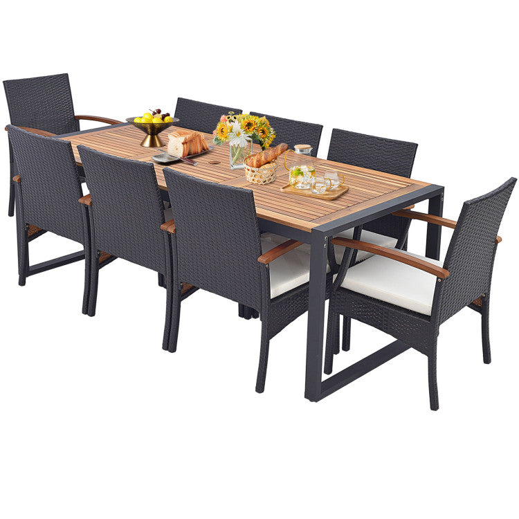9 Pieces Outdoor Rattan Dining Table Set Patio Wicker Furniture Set with Umbrella Hole and Cushions