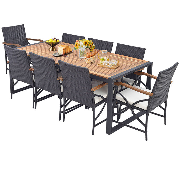 9 Pieces Outdoor Rattan Dining Table Set Patio Wicker Furniture Set with Umbrella Hole and Cushions